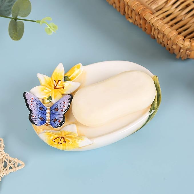 Ceramic Soap Dish Holder, for Bathroom,Tub and Kitchen Sink，3D Butterfly and Lily Design