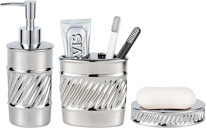 3-Piece Ceramic Bathroom Accessories Set - Soap Dispenser, Toothbrush Holder & Soap Dish with Modern Wave Embossed Design for Bathroom Accessory Set (Silver)