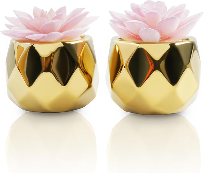 VIVERIE Mini Succulents Plants Artificial in Pots-Pink with Golden Ceramic, Christmas Small Fake Succulents Plants for Home Decor Indoor for Women, Set of 2, Gifts for Mom