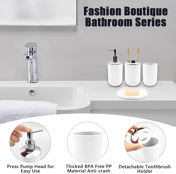 Bathroom Accessory Set, 4 pcs Shatter-Resistant Resin Bathroom Accessories Set Include Lotion Soap Dispenser Toothbrush Holder Soap Dish Modern Bathroom Decor, Gift for Home (White 4pcs)