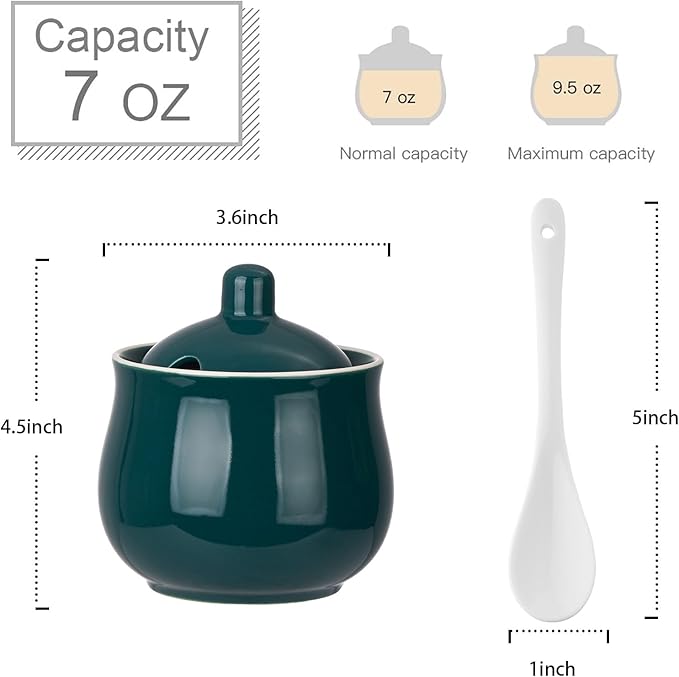Ceramic Sugar Bowl with Lid and Spoon, Green Porcelain Sugar Salt Pepper Storage Jar, 7 Ounces