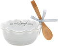 Pavilion Gift Company - Eat Well, Laugh Often - 4.5" Ceramic Bowl With Bamboo Serving Spoon Neutral Ombre Kitchen Serveware Housewarming Gift Hostest Host Present
