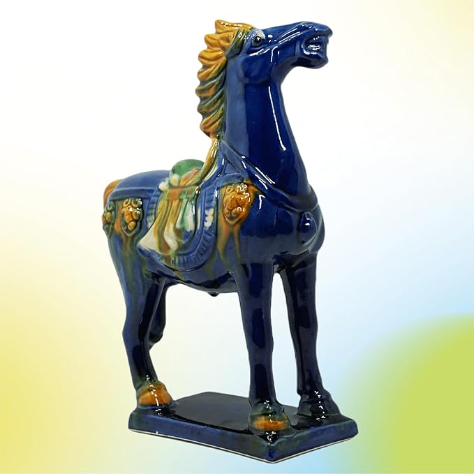 Handmade -Tang Dynasty Tri-Color Horse Sculpture Ceramic Horse-19cm Cultural Art Piece for Home,Bookcase or Office Decor (Blue)