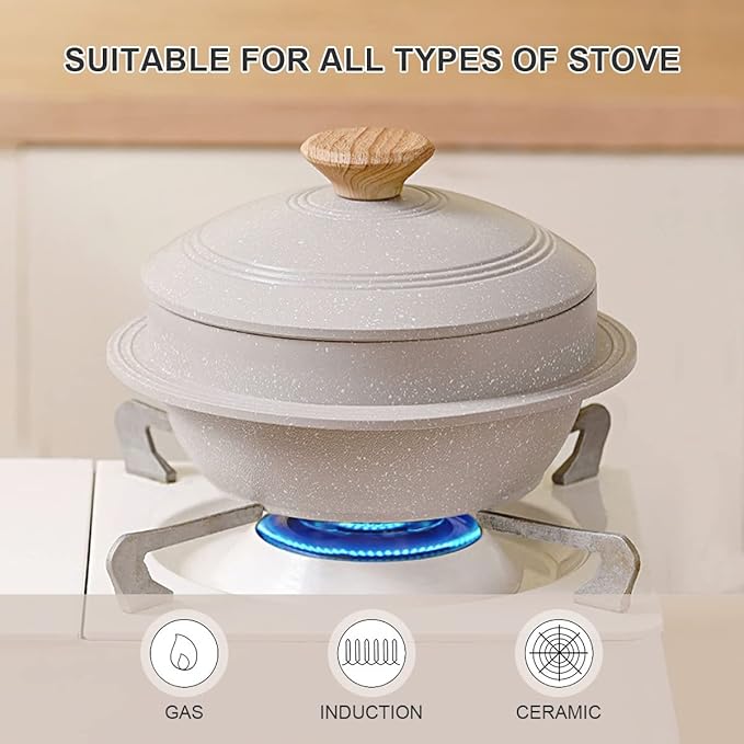 Cast Aluminum Pot with Lid, 72 oz Non-Stick Casserole Dish Korean Stone Bowl Induction Compatible, 2150 ml - White