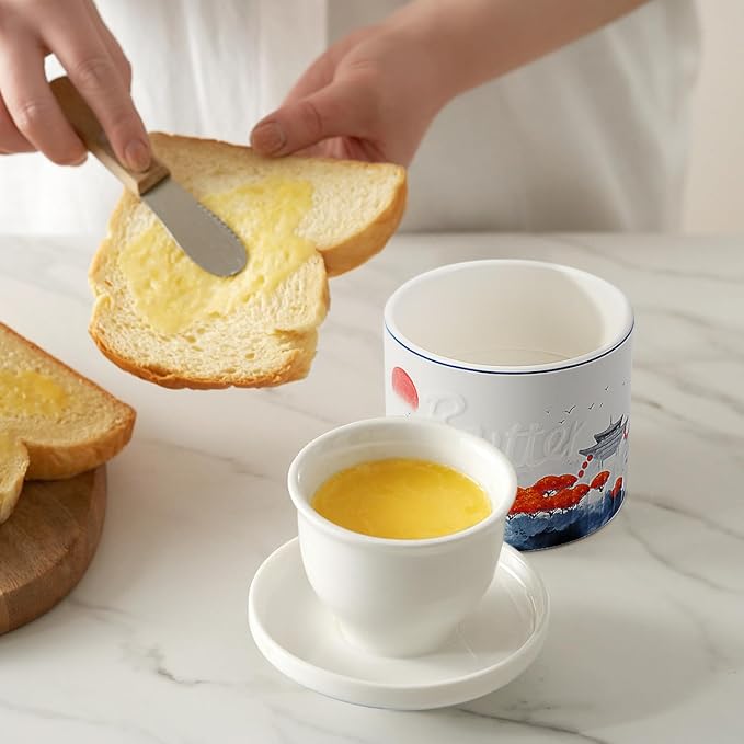 Toptier Butter Crock for Counter With Water Line, On Demand Spreadable Butter, Ceramic Butter Keeper to Leave On Counter, French Butter Dish with Lid, (Mangrove Forest)