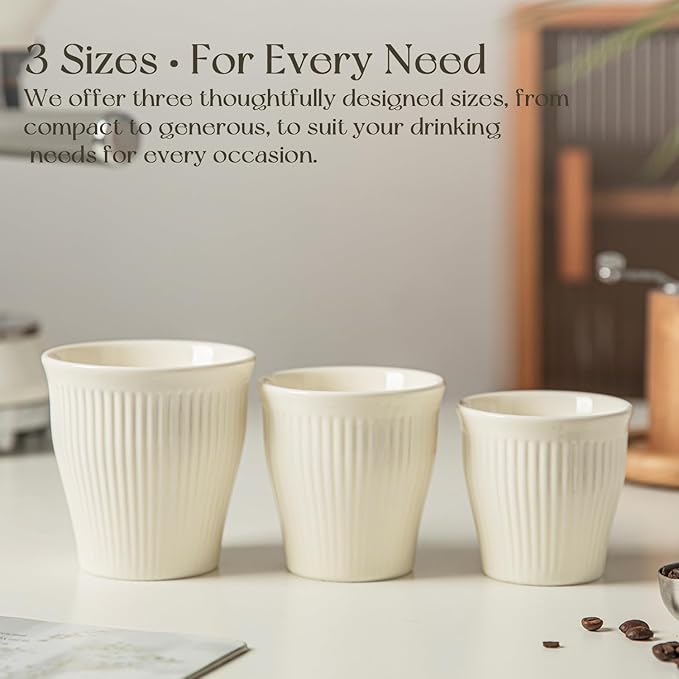 KEMORELA Espresso Cups Set of 3 – 5.5oz/7oz/10oz Ceramic Espresso Cups, Handleless Mug, Japanese Tea Cups， Ceramic Cups no Handles， Microwave and Dishwasher Safe, Barista Use, Asian Matcha Cup, White