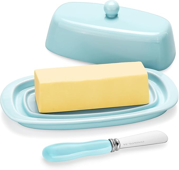 Yedio Ceramic Butter Dish with Lid for Countertop Refrigerator, 8 Inch Butter Holder with Porcelain Cover Knob Handle for East West Coast Butter Stick, Turquoise