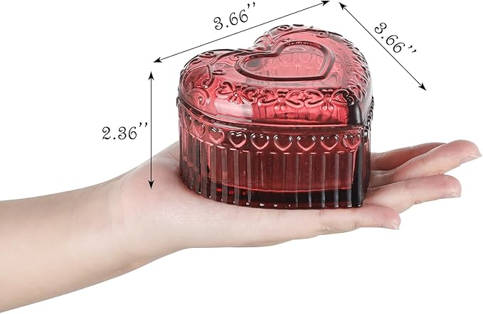 WHJY Glass Jewelry Box for Girls Heart Shaped Container with Lids Small Decorative Trinket Organizer for Vanity Room Decor Crystal Red Storage Jar for Rings Earrings Necklaces