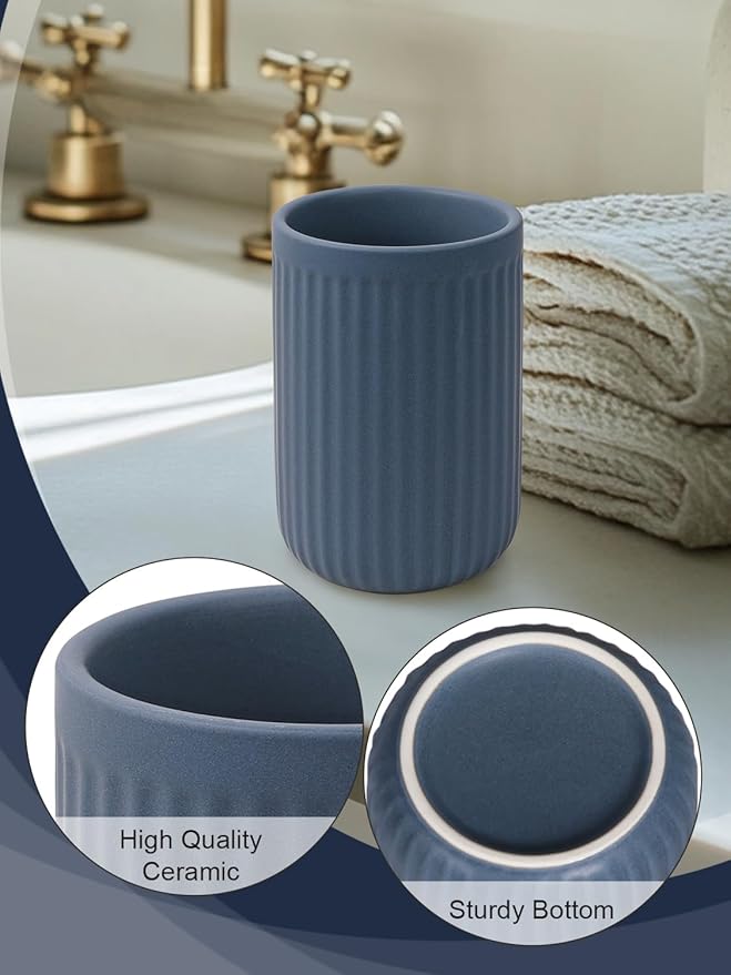INGOFIN Ceramic Toothbrush Holder, 12 oz Toothpaste Holder Bathroom Cup, Tooth Brush Holder for Vanity Countertop, Organizer Storage for Cosmetic, Makeup, Office Pencils, Matte Blue