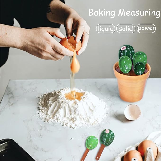 Cactus Measuring Spoons Set in Pot Ceramic Cute Measuring Cups and Spoons Unique Baking Gifts for Dry Wet Ingredients Dishwasher Safe 1 Tbsp 1 TSP 1/2 TSP 1/4 TSP 1 Cup Green