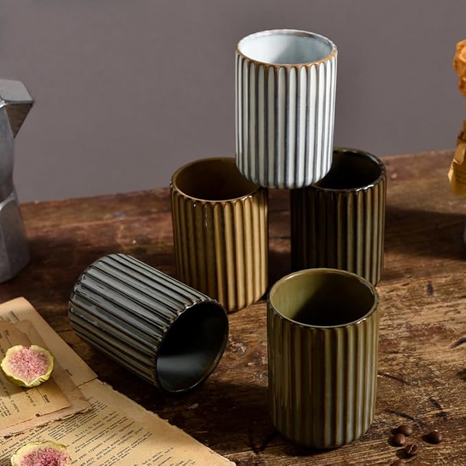 Stoneware Coffee Bar Utensil Holder Tea & Coffee Spoon & Stirrer Holder for Stir Stick Straw Teaspoon Holder Spoon Cup Small Utensil Jar Fluted Vertical Stripe (Bronze)