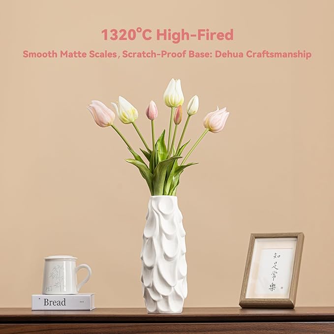 Scalloped Scale Vase - White Matte Ceramic with Textured Sculptural Design, 10.5" Unique Flower Vase for Centerpieces,Decorative Boho Vase for Living Room/Office,Ideal Valentine Gift for Art Lovers