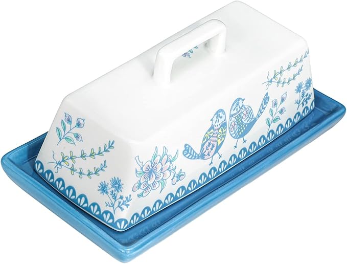 Sizikato Porcelain Butter Dish with Lid, Blue Flower and Bird Pattern-7.5 Inch