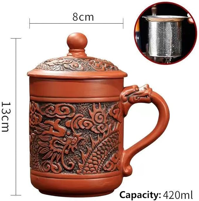 Ceramic Teacup, Chinese Hand Painted Purple Clay Tea Mug with Lid and Infuser, (13oz) Zisha Water Mug Drinkware for Office Home (red dargon)