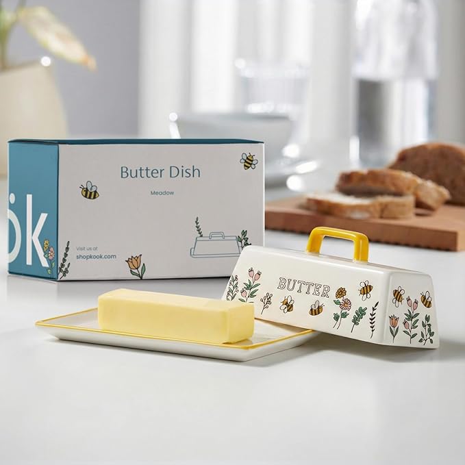 Kook Ceramic Butter Dish with Lid, Kitchen Countertop Butter Keeper, Serving Tray with Cover, Storage Container, Holds 1 Stick, Microwave and Dishwasher Safe, Meadow