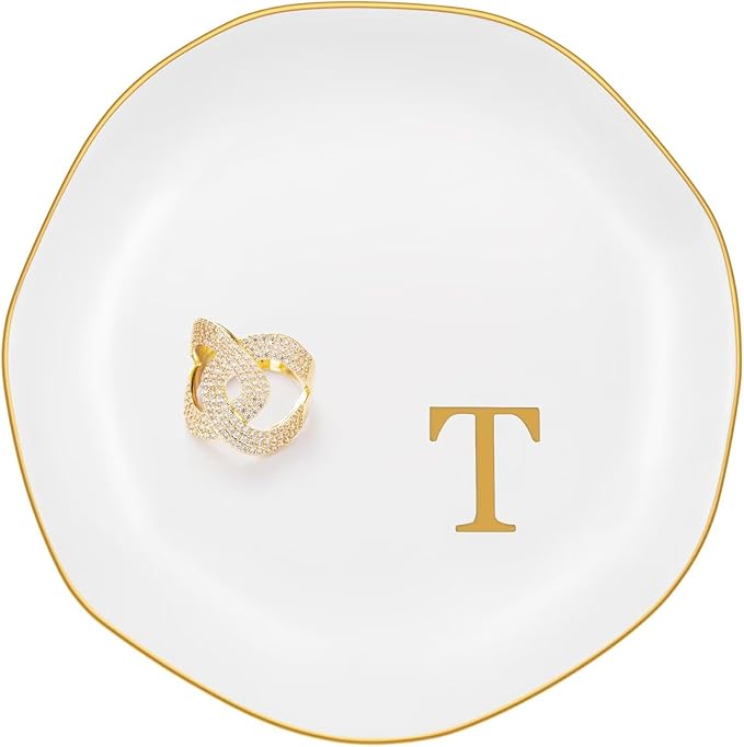 Ceramic Jewelry Tray, Personalized Initial Ring Dish, Elegant Trinket Tray for Rings Earrings Bracelet Necklaces, White Decorative Jewelry Holder for Women Vanity, 4.5 Inch, Letter T