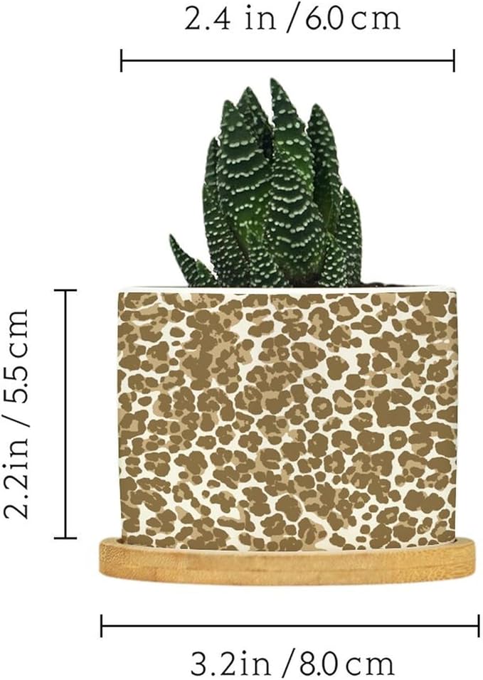 Leopard Brown and Planter Ceramic African Tribal Animal Print Round Flower Pot with Drainage Holes and Bamboo Tray Pot for Pots Outdoor Indoor Plants