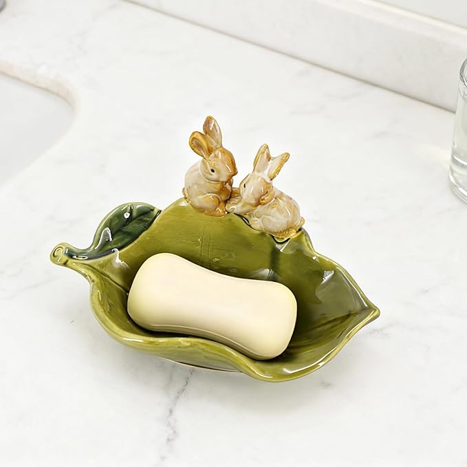 Cute Ceramic Soap Dish, Decorative Leaf Design with 3D Rabbit Figurines, Fast Draining Bathroom Soap Holder, Countertop Accessory for Kitchen, Office