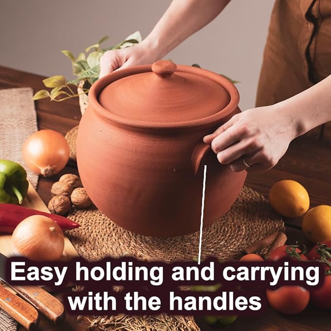 Large Earthenware Clay Mud Eathern Terracotta Cooking Pot Pottery Cazuela Cookware with Lid Natural Stovetop Stove Top Stone Stew Rice Unglazed Mexican Indian Kitchen Oven Terra Cotta Handcrafted Traditional Healthy (7.3 Quarts - Size3)