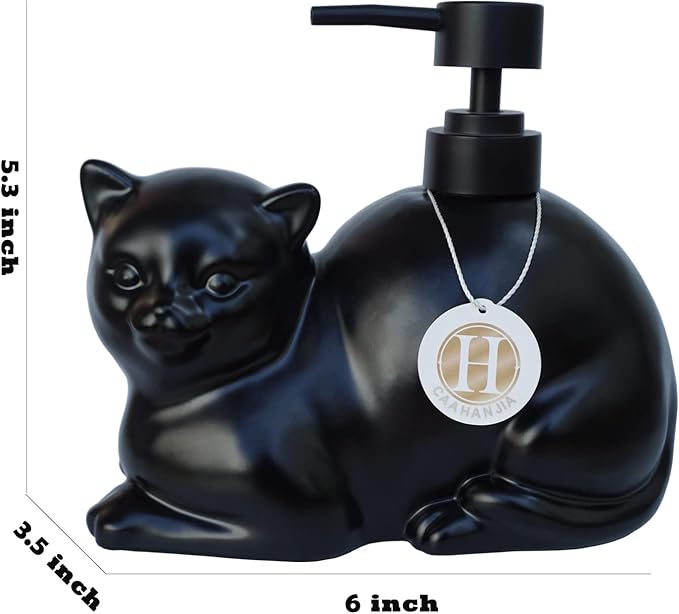 Black Liquid Soap Dispenser, Ceramic Cat, Refillable Wash Liquid Soap Hand Soap for Bathroom Kitchen