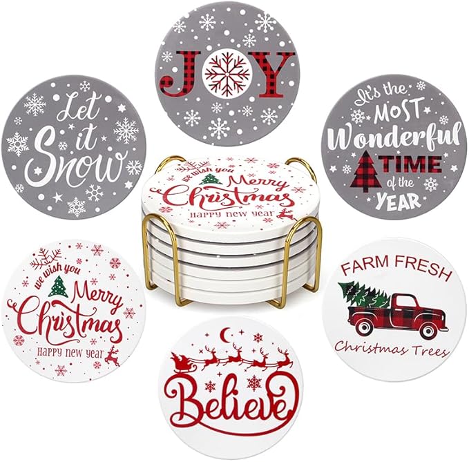 6 Pcs Ceramic Christmas Coasters Absorbent Drink Coasters with Holder Cute Xmas Coaster Set Decorative Coffee Table Decor Coaster Funny Christmas Decoration Housewarming Gift Festive Cup Coasters