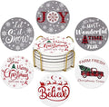 6 Pcs Ceramic Christmas Coasters Absorbent Drink Coasters with Holder Cute Xmas Coaster Set Decorative Coffee Table Decor Coaster Funny Christmas Decoration Housewarming Gift Festive Cup Coasters