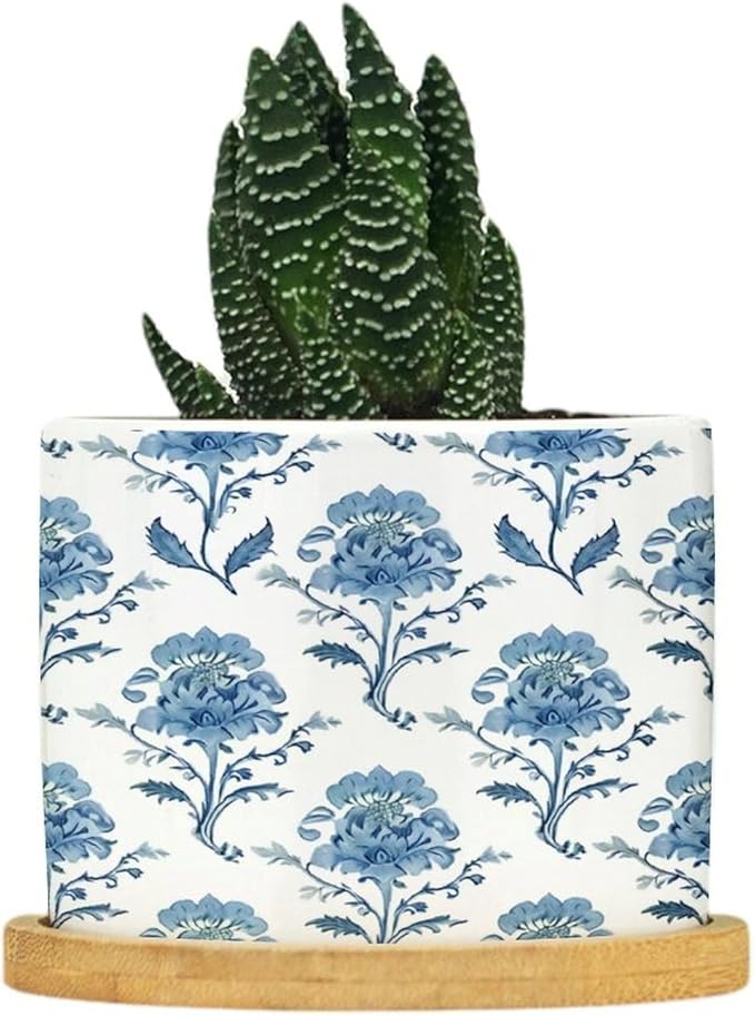 Mughal Flower in Planters Ceramic Blue Floral Round Flower Pots with Drainage Holes and Bamboo Tray Pot for Pots Outdoor Indoor Plants