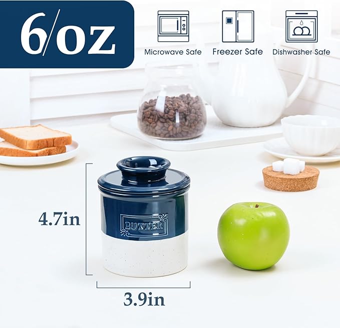 NUTRIUPS Ceramic Butter Crock, Butter Dish with Lid for Countertop with Water Line, French Retro Butter Crock for Spreadable Butter (Ink-Mood White)