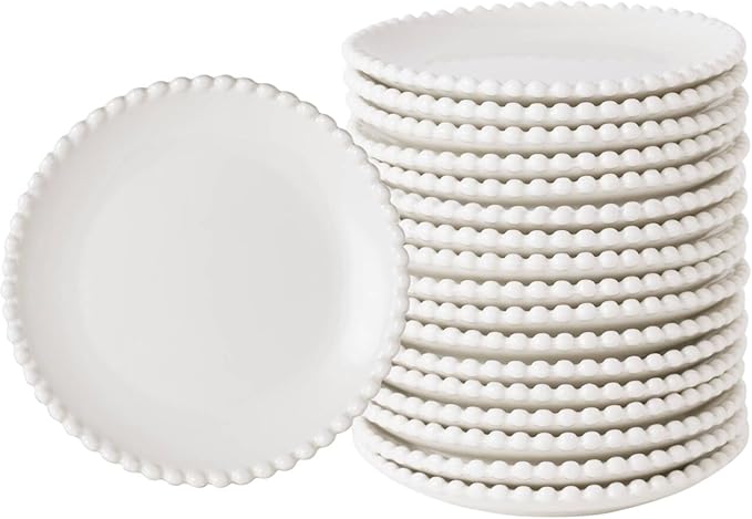 TAMAYKIM 5.5 Inch Porcelain Dessert Plates Set of 18, Small Ceramic Appetizer Plates, Round Mini Dinnerware Sets, Scratch Resistant, Microwave, Oven, and Dishwasher Safe, White with Pearl Dots
