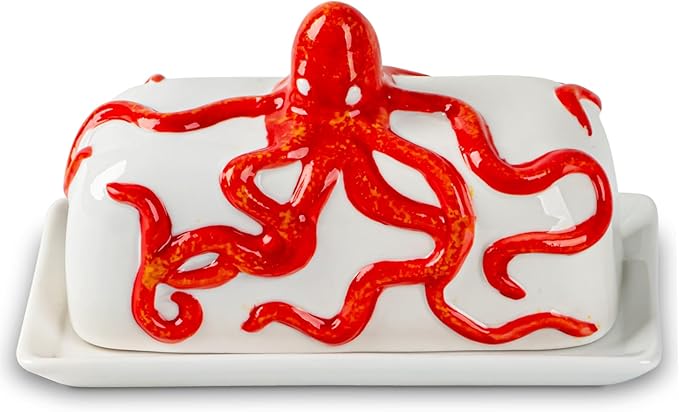 Octopus Butter Dish With Lid For Countertop Ceramic Butter Dish With Cover Red Butter Tray With Lid Butter Holder Large Butter Container For Counter