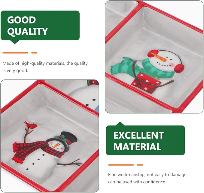 DOITOOL Christmas Ceramic Serving Dish Snowman Snack Appetizer Tray Dessert Platter Square Divided Serving Platter for Xmas Holiday Dining Table Decoration - 7.66 x 7.66 x 1.18inch