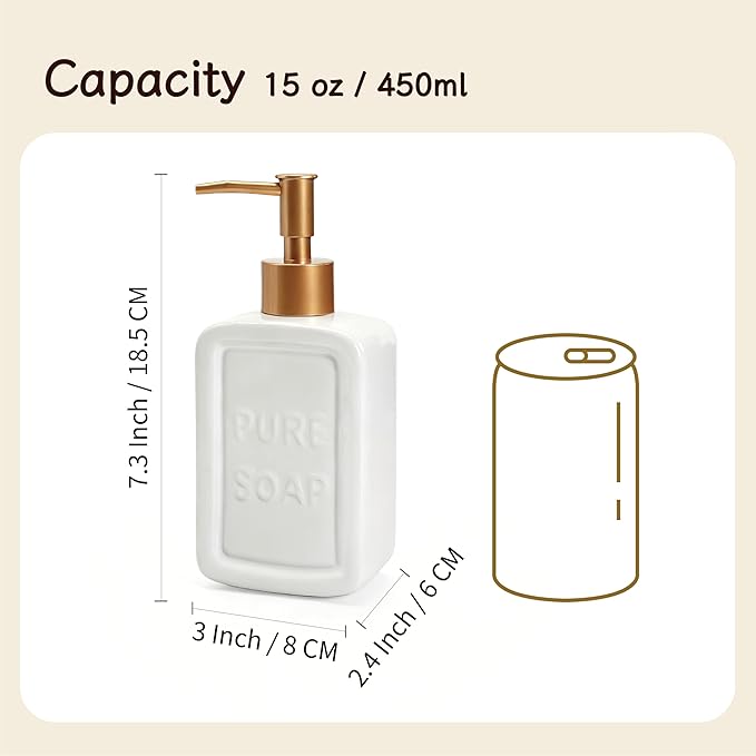 Ceramic Retro Soap Dispenser with Gold Pump, 15oz Capacity, Premium Ceramic Design for Bathroom or Kitchen (White)