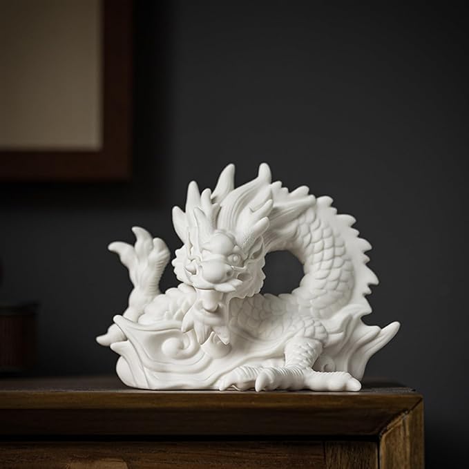 SWLOM Garden Decor Chinese Feng Shui White Dragon Figurine, Asian Patio Decor, Ceramic Oriental Dragon Sculpture Tabletop Ornaments