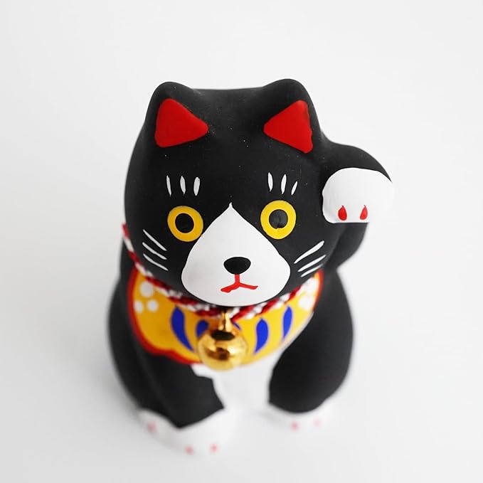 Maneki-Neko Lucky Cat, 2.7 Inches | Hand-Painted Ceramic Fortune and Prosperity Talisman | Artisan Crafted Desk and Room Decor | Made in Japan (Black)