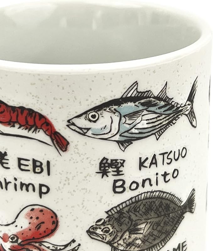Japanese Tea Cup - Pottery 9 fl oz, Yunomi Mug, Sushi Made in Japan (C3-7 Sakanaeigo)