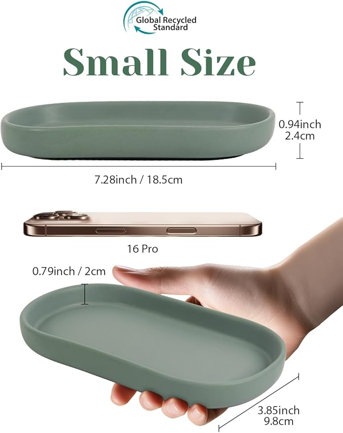 INGOFIN 7" Ceramic Bathroom Vanity Tray- Bathroom Organizer Countertop Tray for Perfume, Jewelry, Candles, Small Kitchen Counter Soap Tray, Decorative for Bathroom Vanity, Toilet Tank, Green