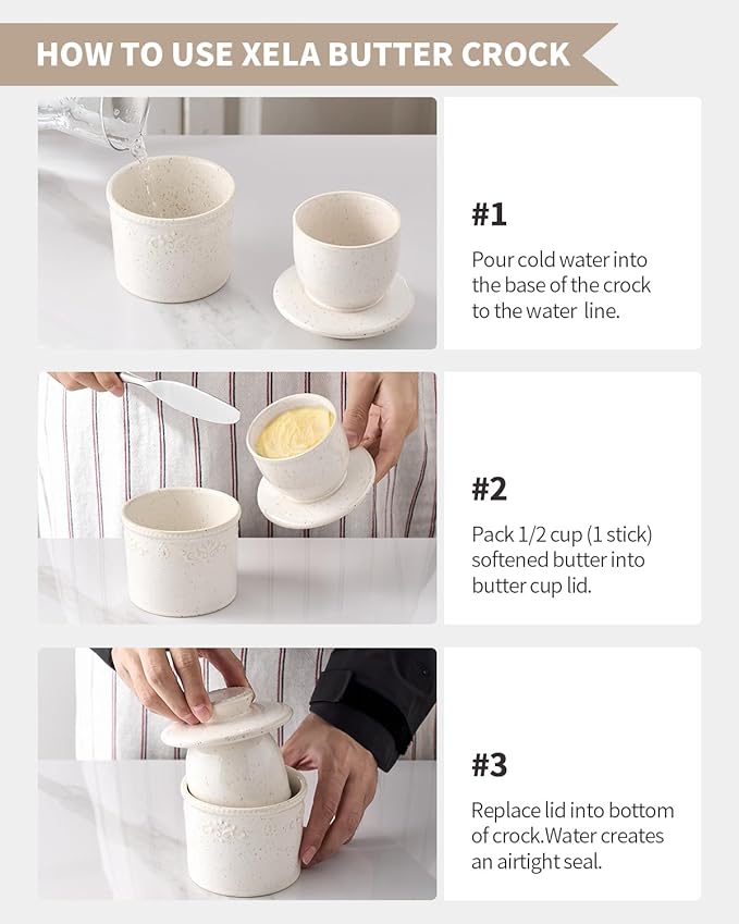 XELA Ceramic Butter Dish - French Butter Crock With Water Line - Keeps Your Butter Fresh and Spreadable - Speckled White