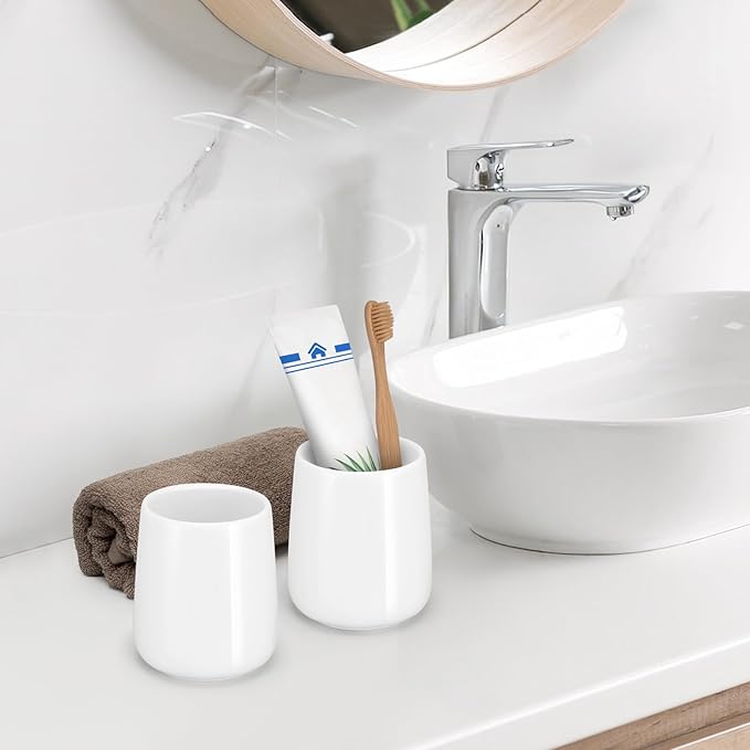 Bathroom Tumbler Cup Ceramic 2Pcs 13.5oz Reusable Toothbrush Cup 400ml,Toothbrush Holder Adequate for Your Bathroom (Shiny White)