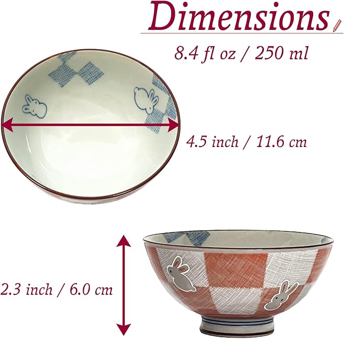 Traditional Style Japanese Ceramics Rice Bowl Chawan Pottery, Dishwasher Microwave Safe Made in Japan (Ichimatsu Usagi, Small (nakahira))