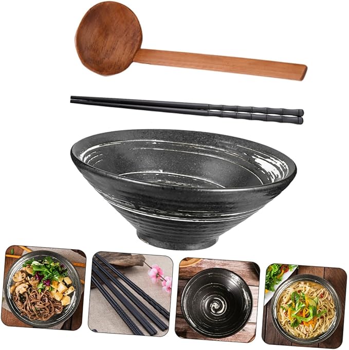 TOYANDONA Classic Ceramic Ramen Bowl Japanese Style Tableware for Soup Salad and Noodles Brush White Includes Wooden Spoon Chopsticks for Restaurants and Home Use