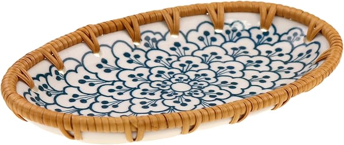 Rattan Ceramic Tray, Oval Fruit/Bread/Cookie/Jewelry Small Storage Porcelain Serving Plate, Vintage Decorative Display Plate for Coffee Table Home Decor Wedding Party Gift （Cyan Cloud）