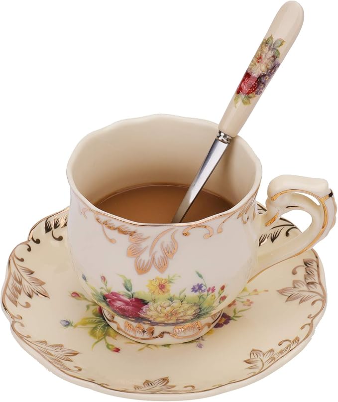 Foraineam Set of 2 Tea Cup and Saucer, 8 oz. Flowering Shrubs Ivory Ceramic Coffee Cup Fancy Floral Porcelain Tea Cup Set with Saucer and Spoon