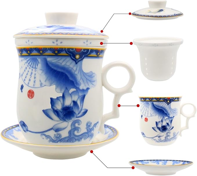 Porcelain Tea Cup with Infuser Lid and Saucer Sets - Chinese Jingdezhen Ceramics Coffee Mug Teacup Loose Leaf Tea Brewing System for Home Office