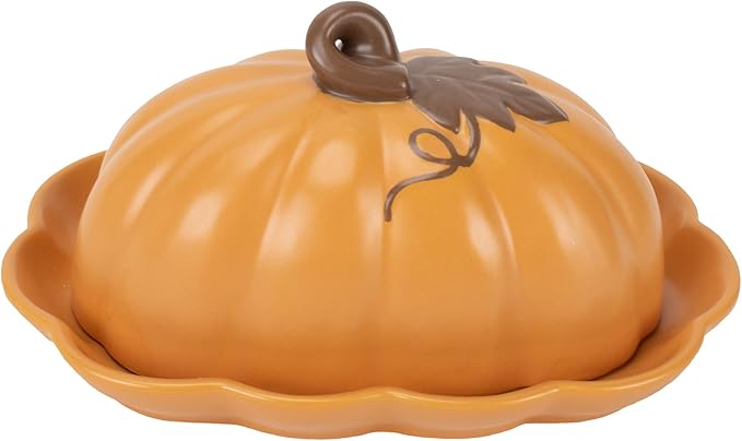 Nat & Jules Pumpkin Shaped 8 x 6 Inch Ceramic Scalloped Covered Lid Butter Dish: Perfect for decorating table settings for Thanksgiving, Halloween & Indoor Fall Décor, Orange