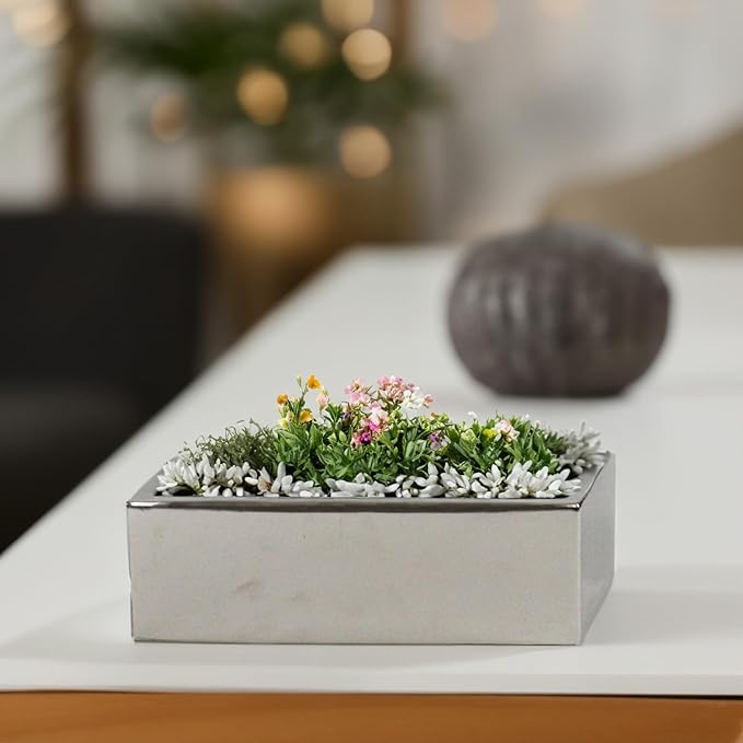 WGVI Long Rectangle Ceramic Planter Vase in Silver 12" x 4" x 4"H, Block Rectangular Terrarium Box Pot, Flower Arrangement, Table top Centerpiece, Home Decor Organization Storage Container, 1 Pc.