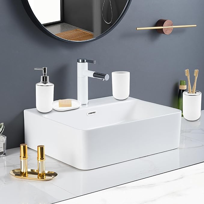 Bathroom Accessory Set, 4 pcs Shatter-Resistant Resin Bathroom Accessories Set Include Lotion Soap Dispenser Toothbrush Holder Soap Dish Modern Bathroom Decor, Gift for Home (White 4pcs)