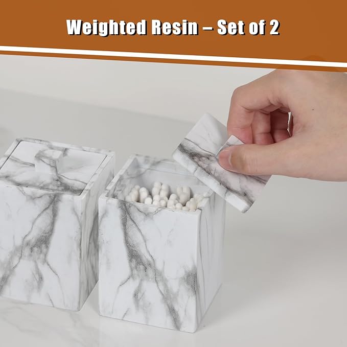 Jung Ford 2-Pack Marble Pattern Cotton Swab Holders with Lids, Resin Bathroom Vanity Storage Jars, Square Qtip Containers for Cotton Balls, Pads, and More (White)