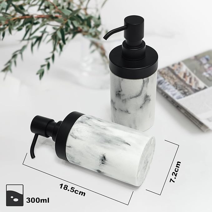 2-Pack White Marble Style Resin Soap Dispenser Set for Bathroom Countertop&Kitchen Sink Decor, Large-Openning Liquid Bottles with Matte Black Pumps Easy Refil-10 oz,Elegant and Solid Design