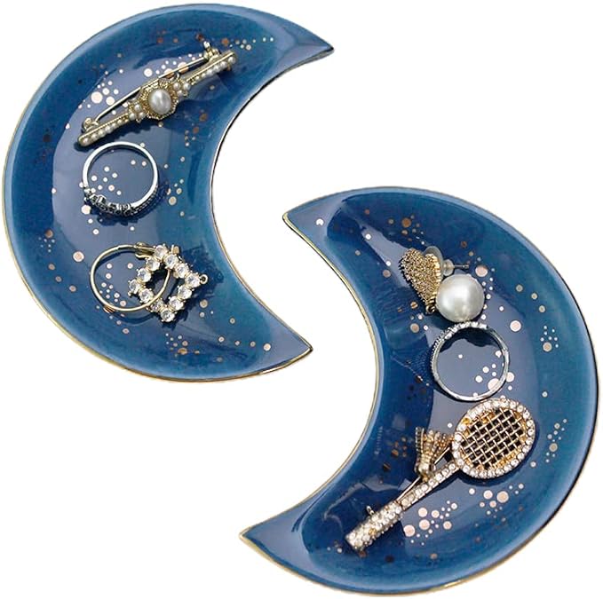 Soddeph Small Moon Ceramic Jewelry Tray, Decorative Trinket Dish, Ring Holder Plate, Modern Accent Tray for Bathroom, Nightstand, Entryway Table, Vanity (2, Blue)
