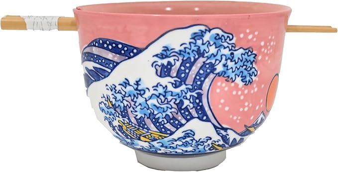 Urban Tokyo Handpainted Ceramic Glazed Japanese Ramen Udon Noodle Rice Bowl With Chopsticks 20 fl oz 5 inch Diameter Bowl Sets Color Box Packaging (Sunset Wave)